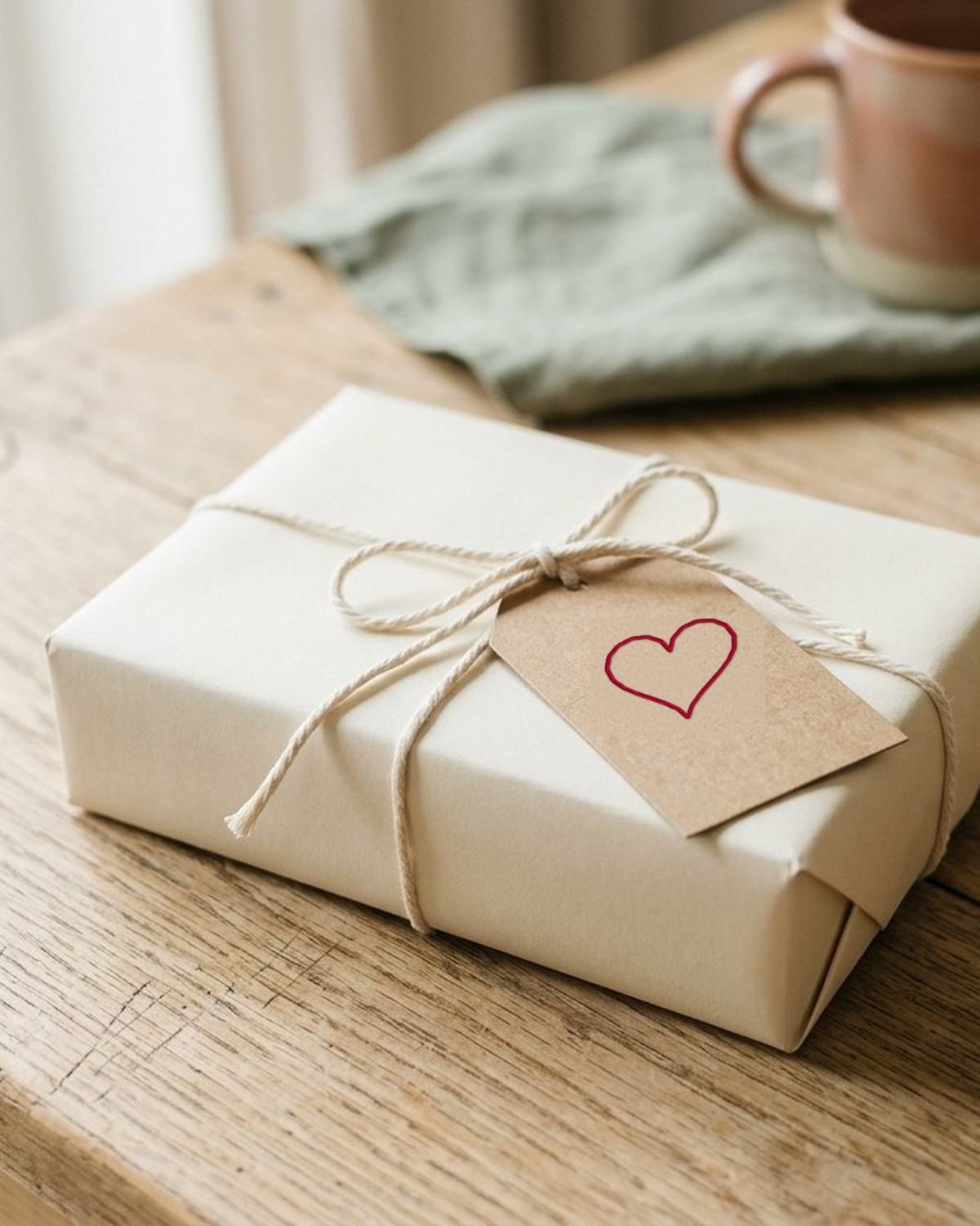 A stitched heart gift tag on a wrapped present