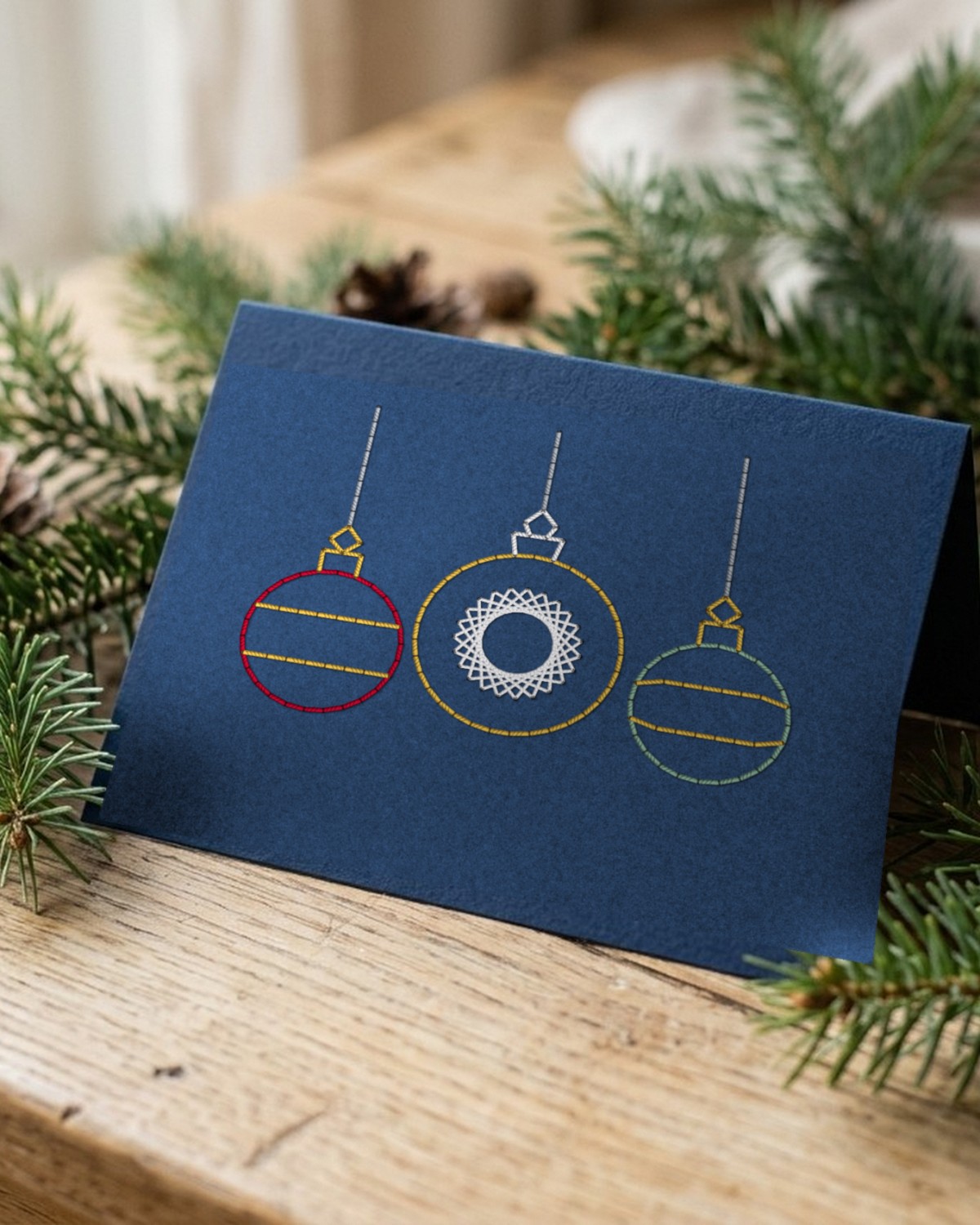 Three stitched ornaments on a navy card