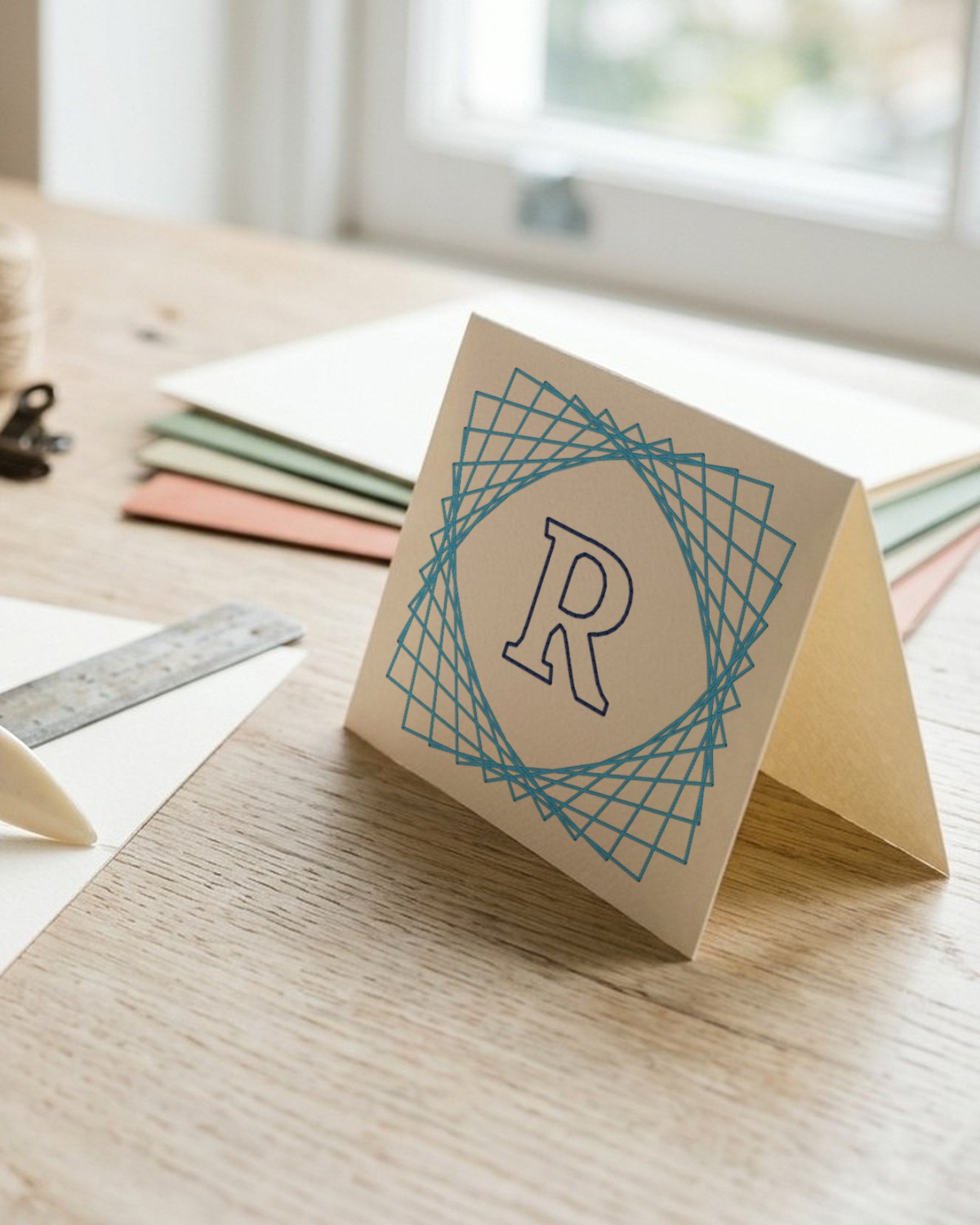 Stitched initial R inside curved thread lines